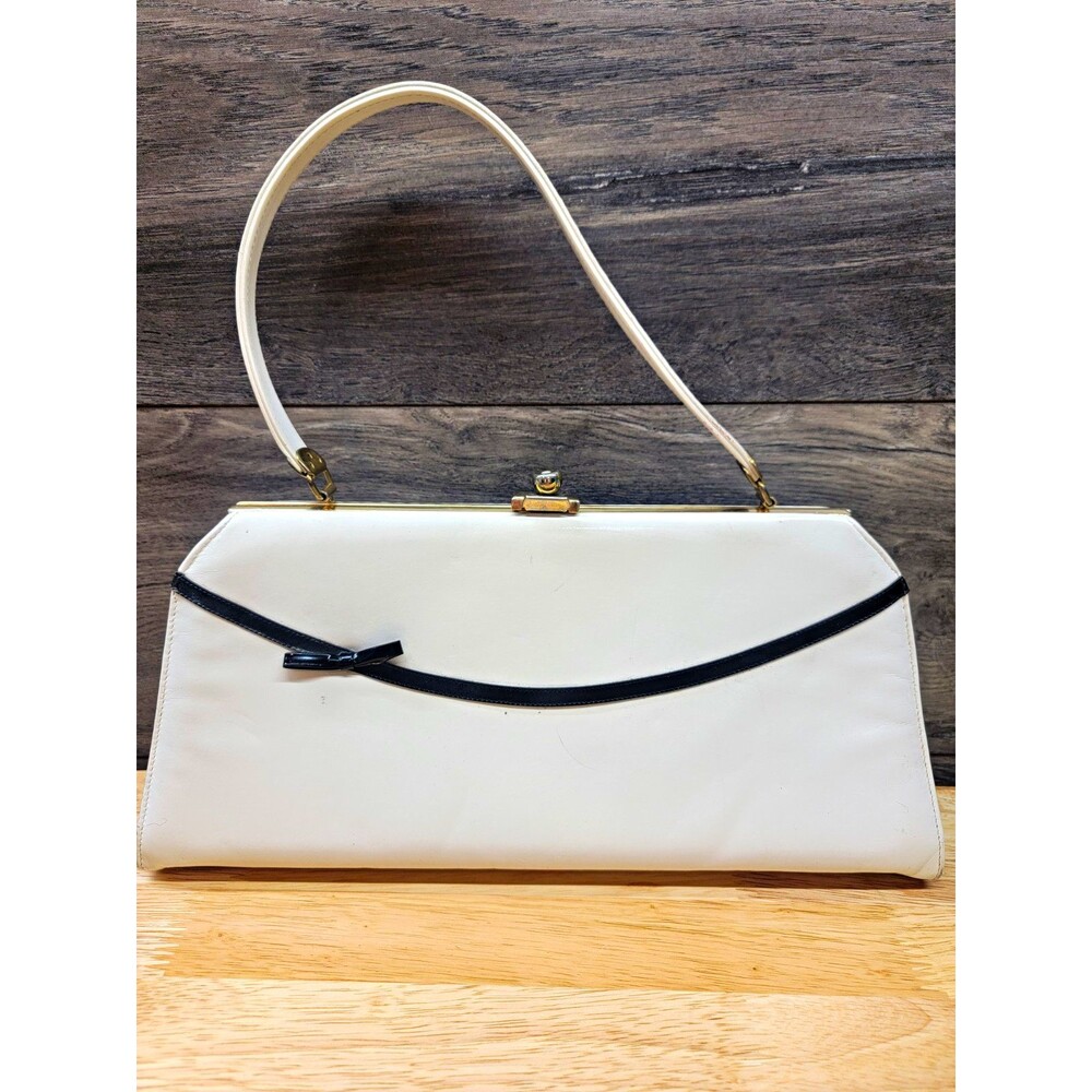 Vintage White & Black Shoulder Bag Bow Accent Gold Clasp